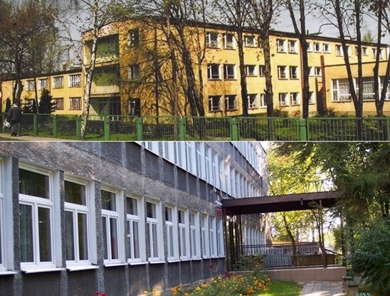 Dwa budynki szkoły przy ulicy Hirszfelda i Wyścigowej